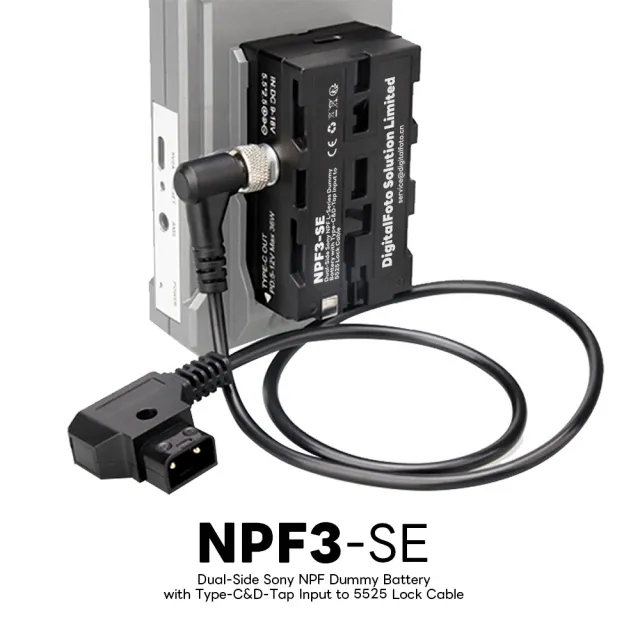 DF Dual-Side Sony NPF Dummy Battery with Type-C&D-Tap Input to 5525 Lock Cable