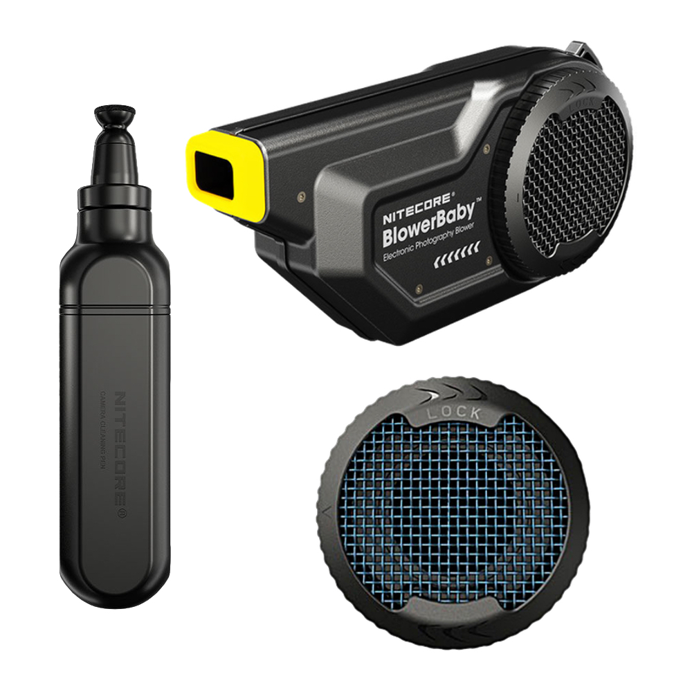 Nitecore BlowerBaby Kit3 (BlowerBaby + CMOS Filter + Lenspen) Nitecore BlowerBaby With wind speeds up to 70km/h, the Nitecore BlowerBaby is the first portable electric blower for all your camera cleaning needs. The built-in 1500mAh battery is rechargeable via USB-C and provides 90 cleanings per charge (based on a 10-second cleaning time). The BlowerBaby features a power indicator to show the remaining battery power. The Nitecore BlowerBaby has a unidirectional air intake to prevent secondary damage to the object surface. A high-density filter is included for efficient dust filtration. The silicone nozzle prevents damage to the lens surface. The Nitecore BlowerBaby electric blower has an aluminium alloy body with a military grade HA-III hard anodised finish. Nitecore CMOS filter for BlowerBaby Replace the standard filter on your BlowerBaby with this Nitecore CMOS filter to clean highly sensitive surfaces like camera sensors. The filter has a high density for effective dust filtration. Nitecore Lens Pen The lens pen has a magnetic carbon cleaning tip and an integrated storage compartment for the included lens cleaning brush and camera cleaning brush for the BlowerBaby electric blower. The housing of the Nitecore Lens Pen has a magnetic compartment on the front for attaching the carbon cleaning tip which has a sponge on the inside to replenish the carbon powder. Characteristics For cleaning photographic equipment Wind speed up to 70km/h, two times stronger than a traditional bellows Built-in 1500mAh li-ion battery Power indicator shows remaining battery capacity One-way air inlet Rechargeable via USB-C port User-friendly design In the box Nitecore Blowerbaby CMOS Filter Lenspen
