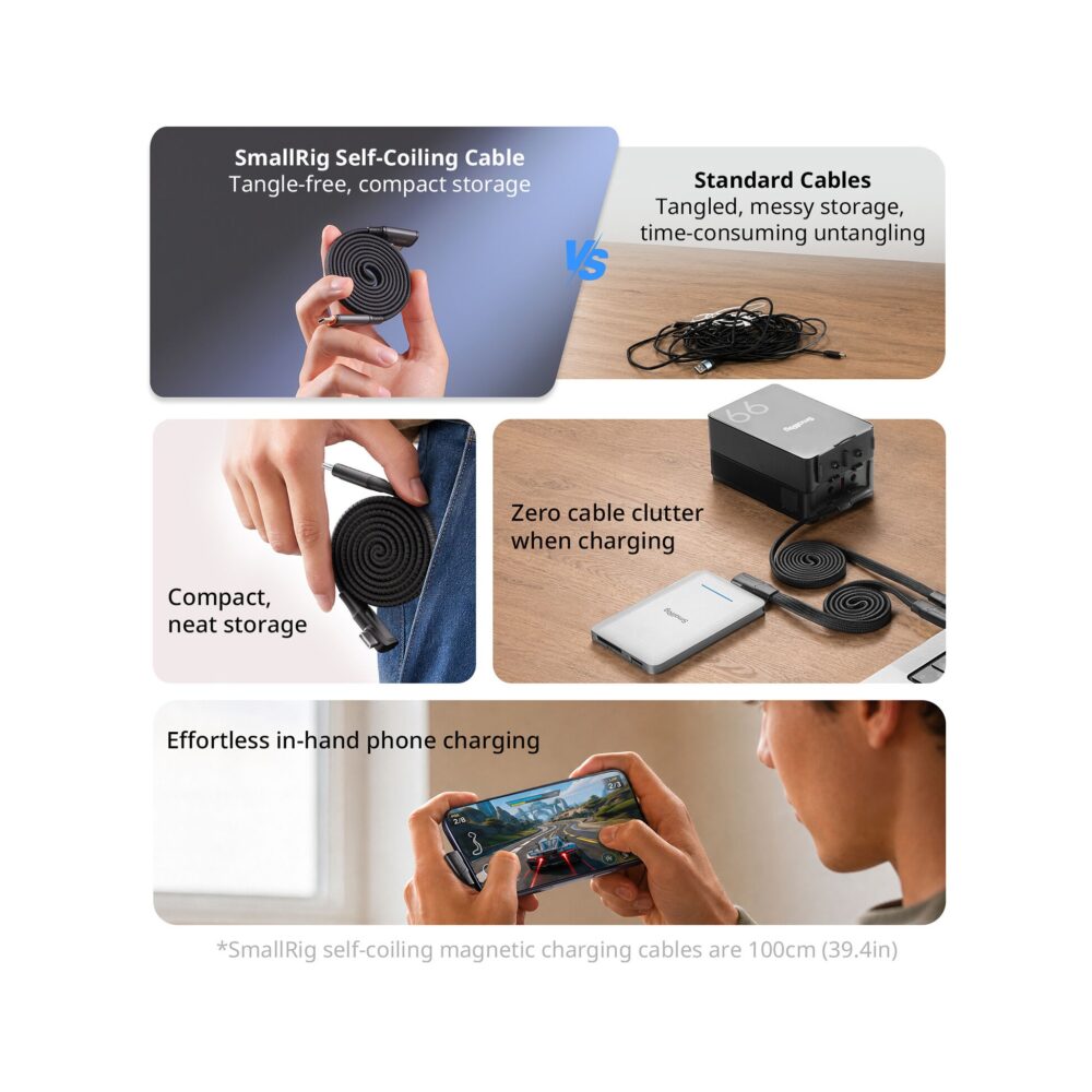 SmallRig 5612 Data Cable for USB-C Adapter – 100W USB-C 2.0 Magnetic Self-Coiling Cable (39.4")