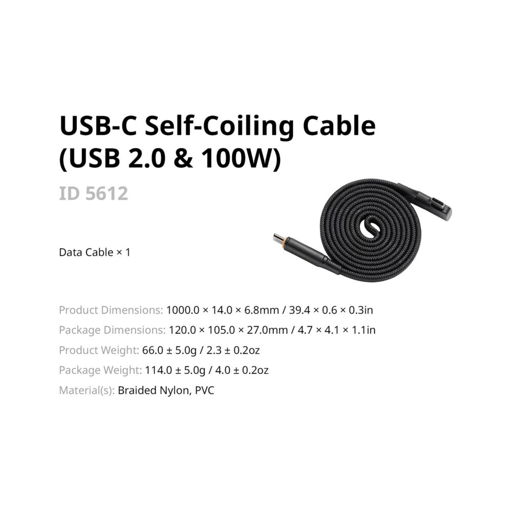 SmallRig 5612 Data Cable for USB-C Adapter – 100W USB-C 2.0 Magnetic Self-Coiling Cable (39.4")