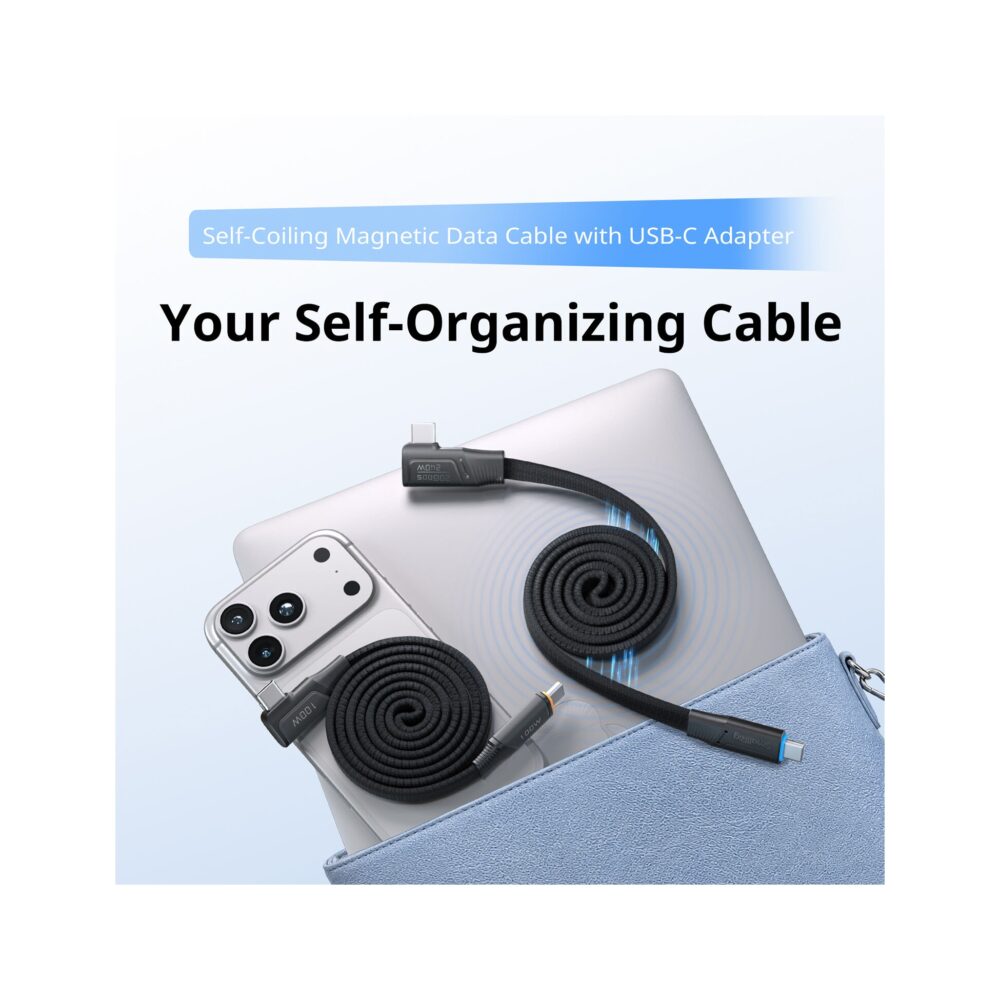 SmallRig 5612 Data Cable for USB-C Adapter – 100W USB-C 2.0 Magnetic Self-Coiling Cable (39.4")