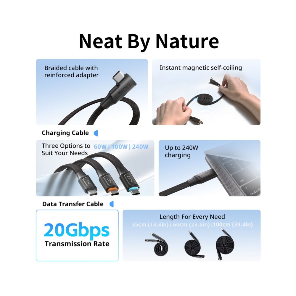 SmallRig 5612 Data Cable for USB-C Adapter – 100W USB-C 2.0 Magnetic Self-Coiling Cable (39.4")