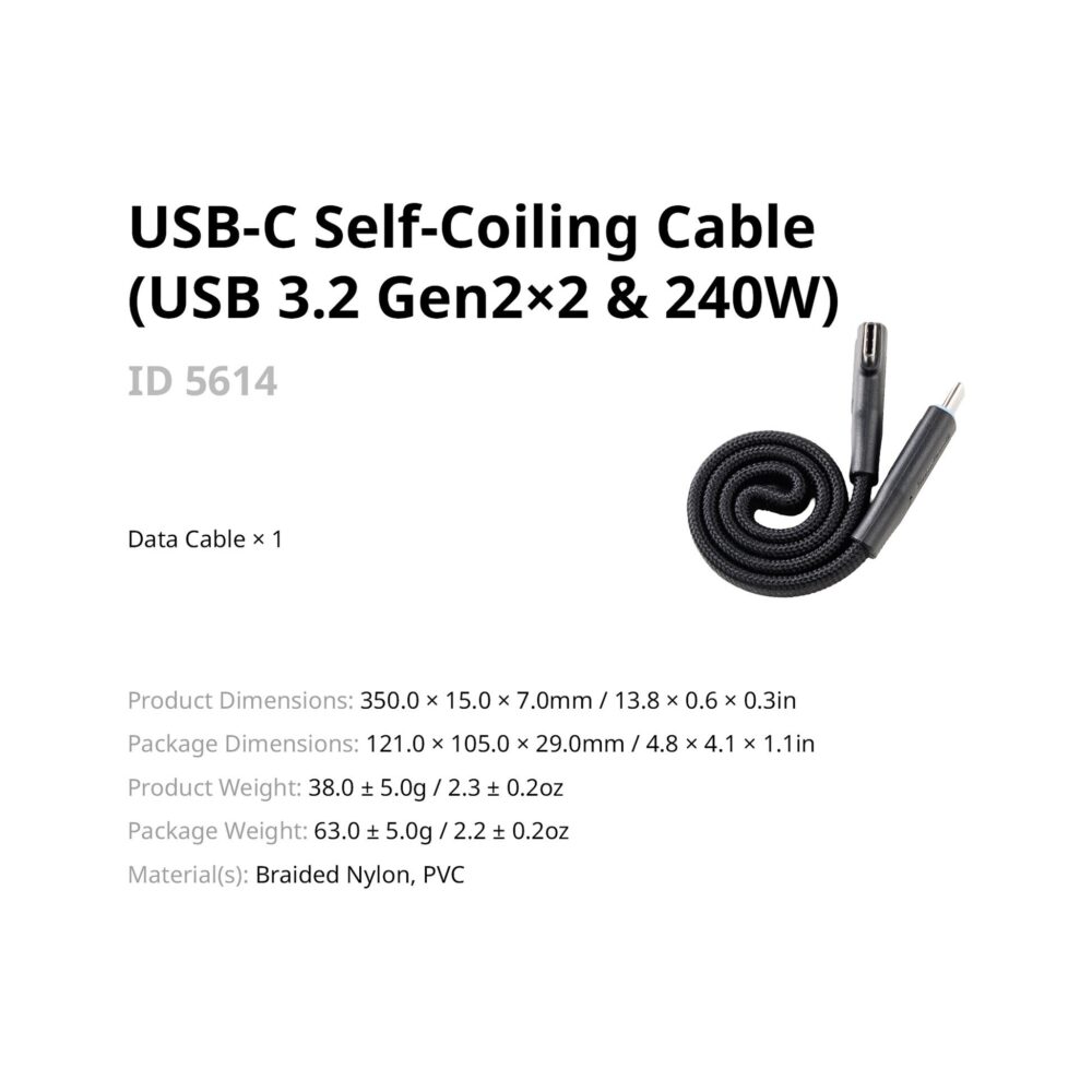 SmallRig 5614 240W USB-C 3.2 Gen 2x2 Magnetic Self-Coiling Cable (13.8")