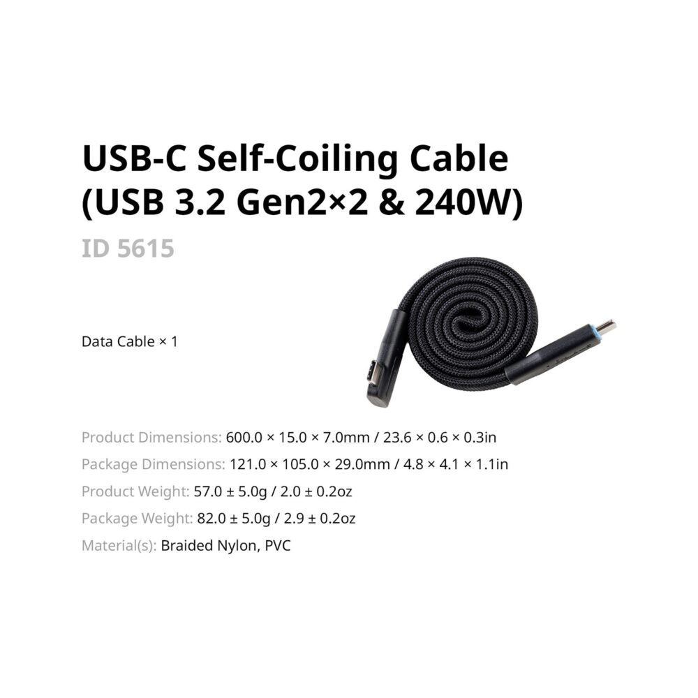 SmallRig 5615 240W USB-C 3.2 Gen 2x2 Magnetic Self-Coiling Cable (23.6")