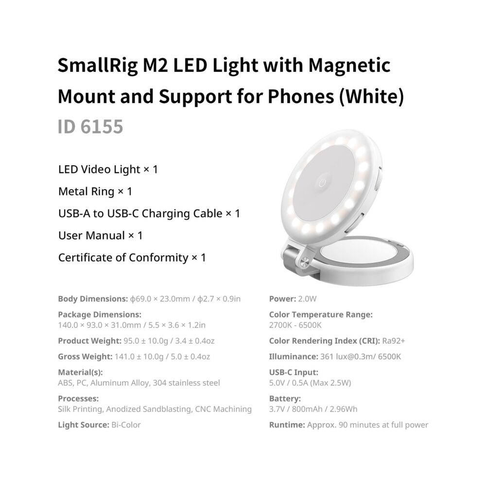 SmallRig 6155 M2 Attachable Mobile Phone LED Video Light (White)