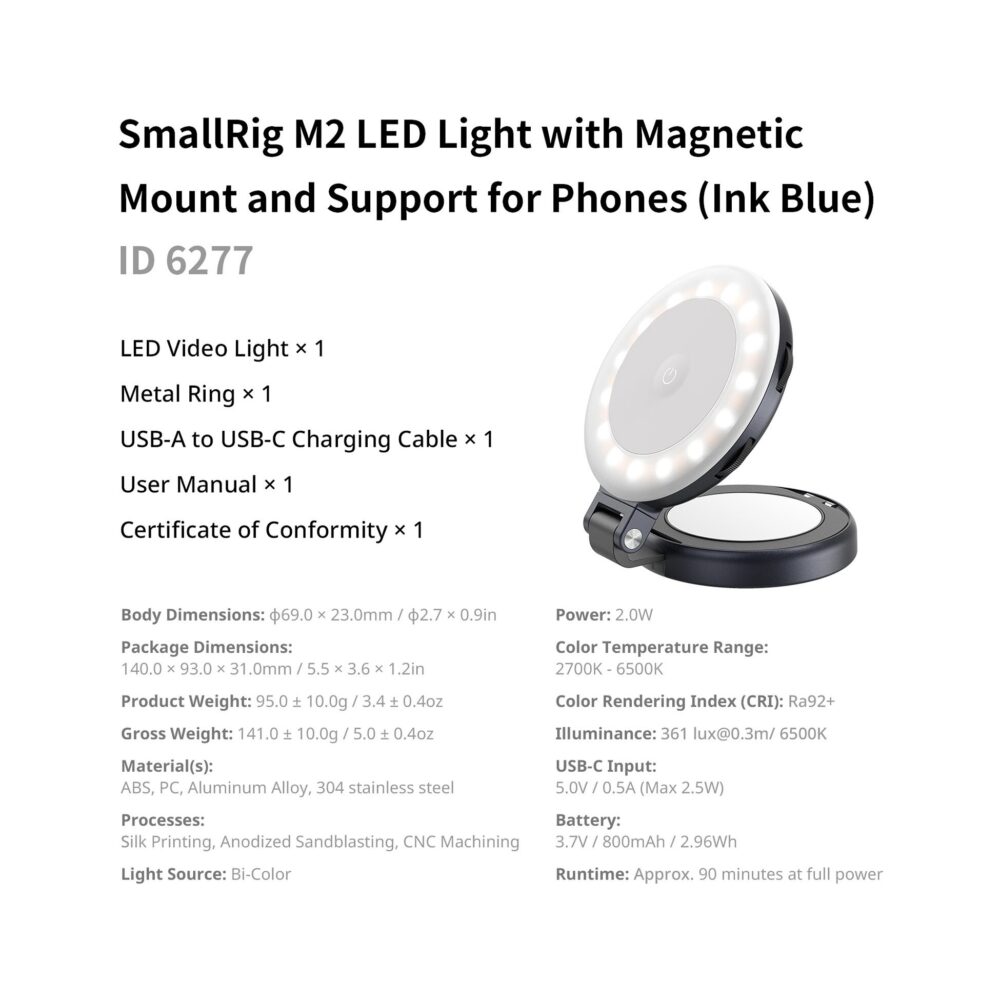 SmallRig 6277 M2 Attachable Mobile Phone LED Video Light (Ink Blue)