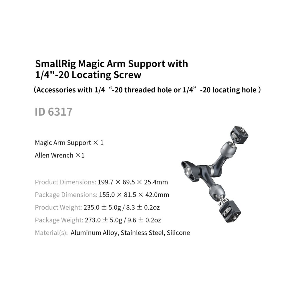 SmallRig 6317 Magic Arm Support with 1/4"-20 Locating Screws (7.9")