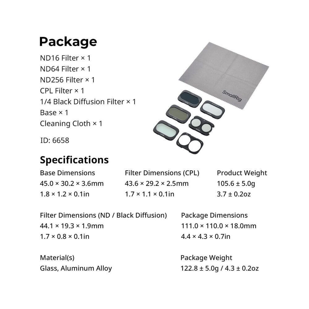 SmallRig 6658 ND, CPL & Diffusion 5-Filter Kit for DJI Osmo Pocket 4P