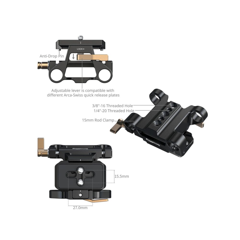 SmallRig 6761 Arca-Type Mount Plate with 15mm Dual Rod Clamp