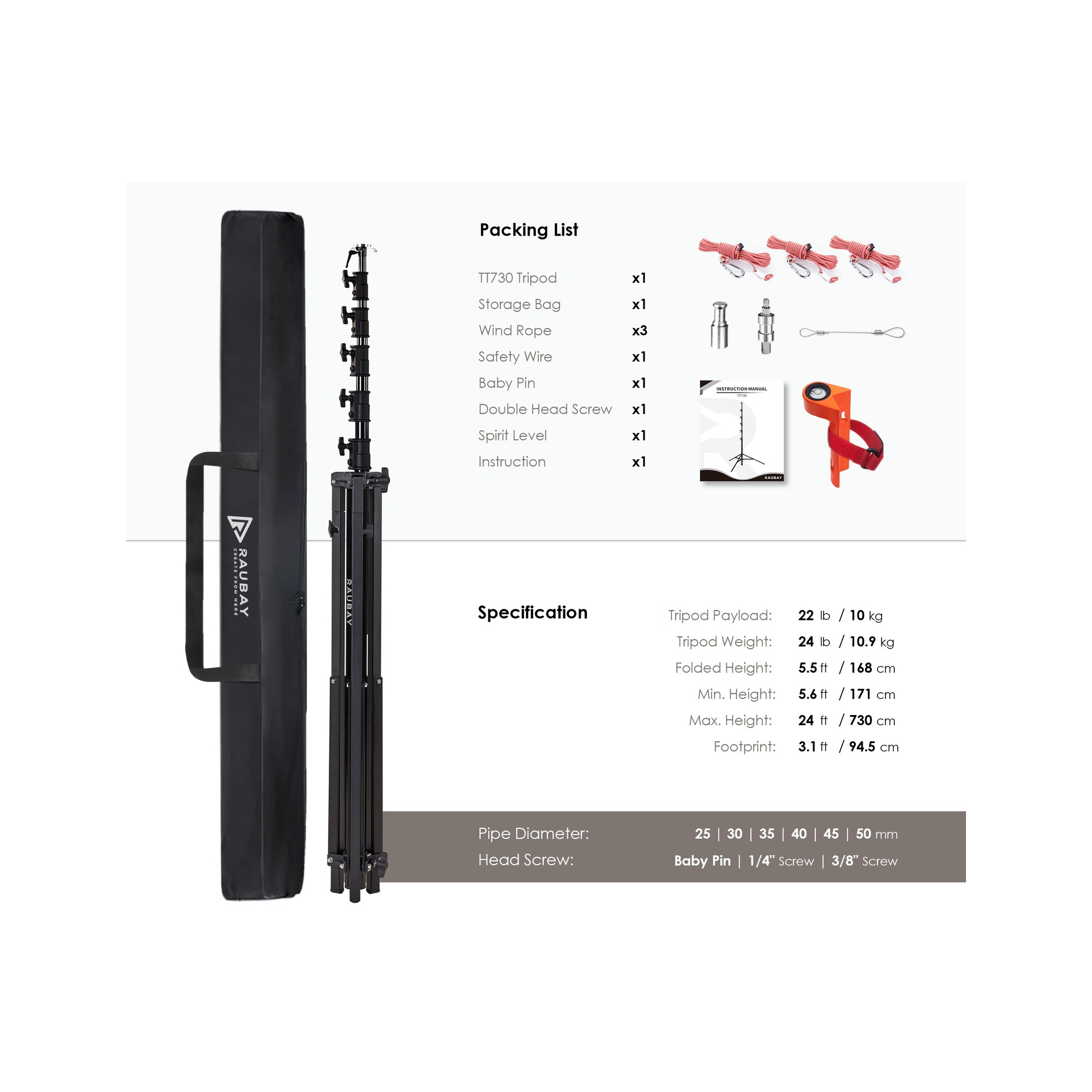RAUBAY 24' Tall Tripod Light Stand TT730