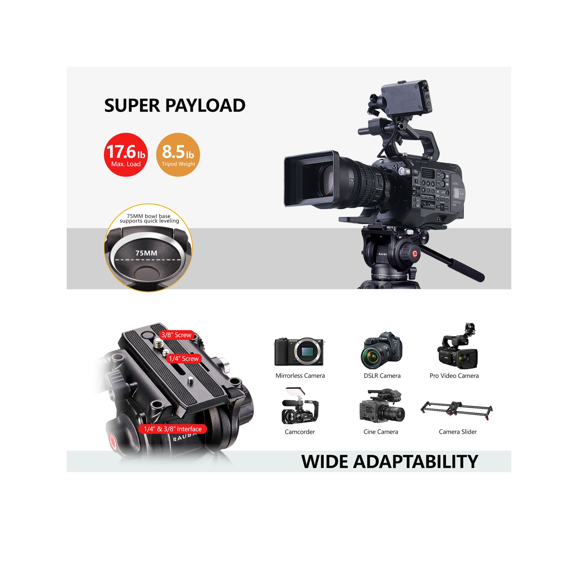 RAUBAY 69" Fluid Head Video Camera Tripod with Ground Spreader DV-2