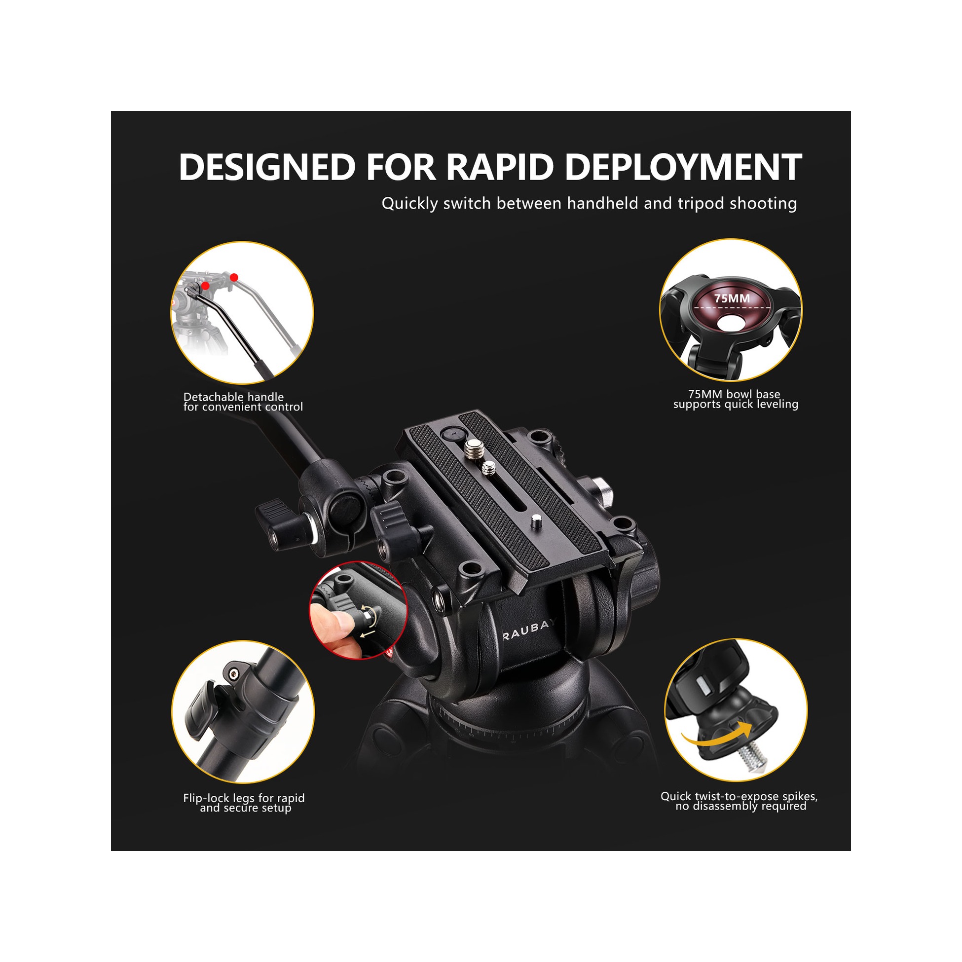 RAUBAY 70.8″ Fluid Head Video Tripod DV-3