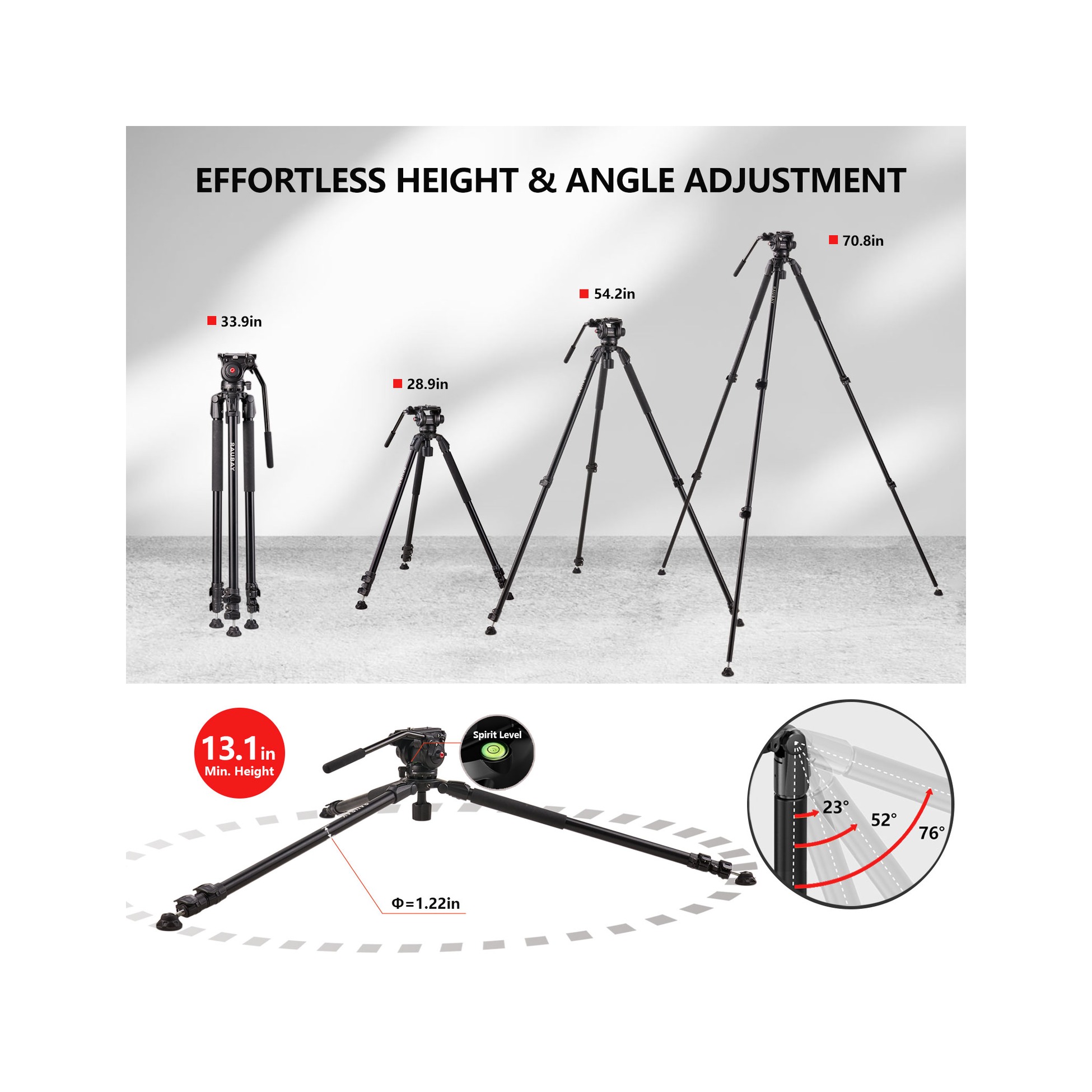 RAUBAY 70.8″ Fluid Head Video Tripod DV-3