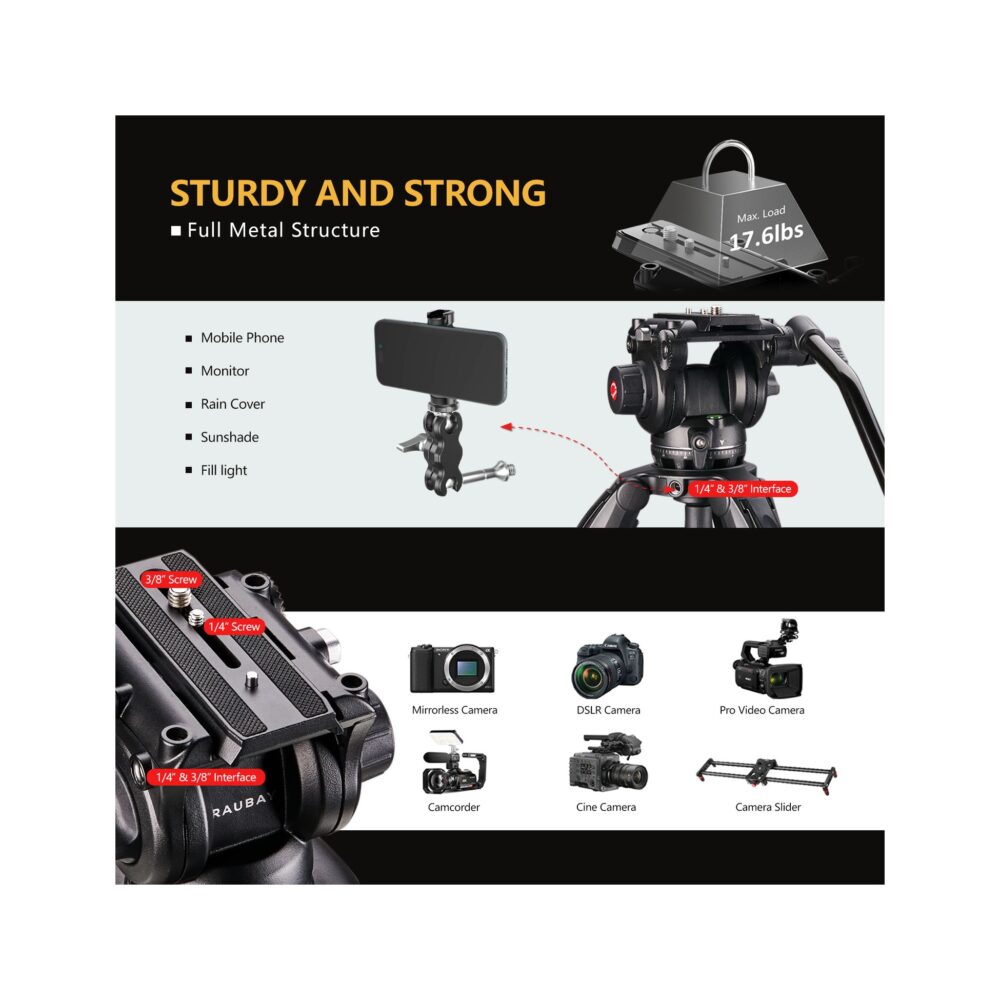 RAUBAY 70.8″ Fluid Head Video Tripod DV-3